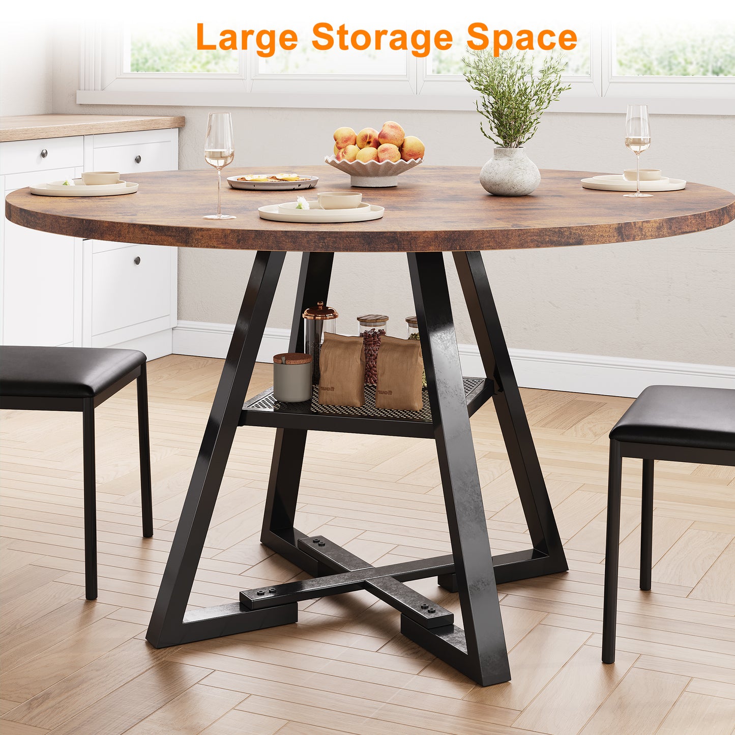 Anyact 47 inch Wood Dining Table for 4, Round Kitchen Dining Table with Storage Shelf for Home Dining Room Living Room, Brown(Only Table)