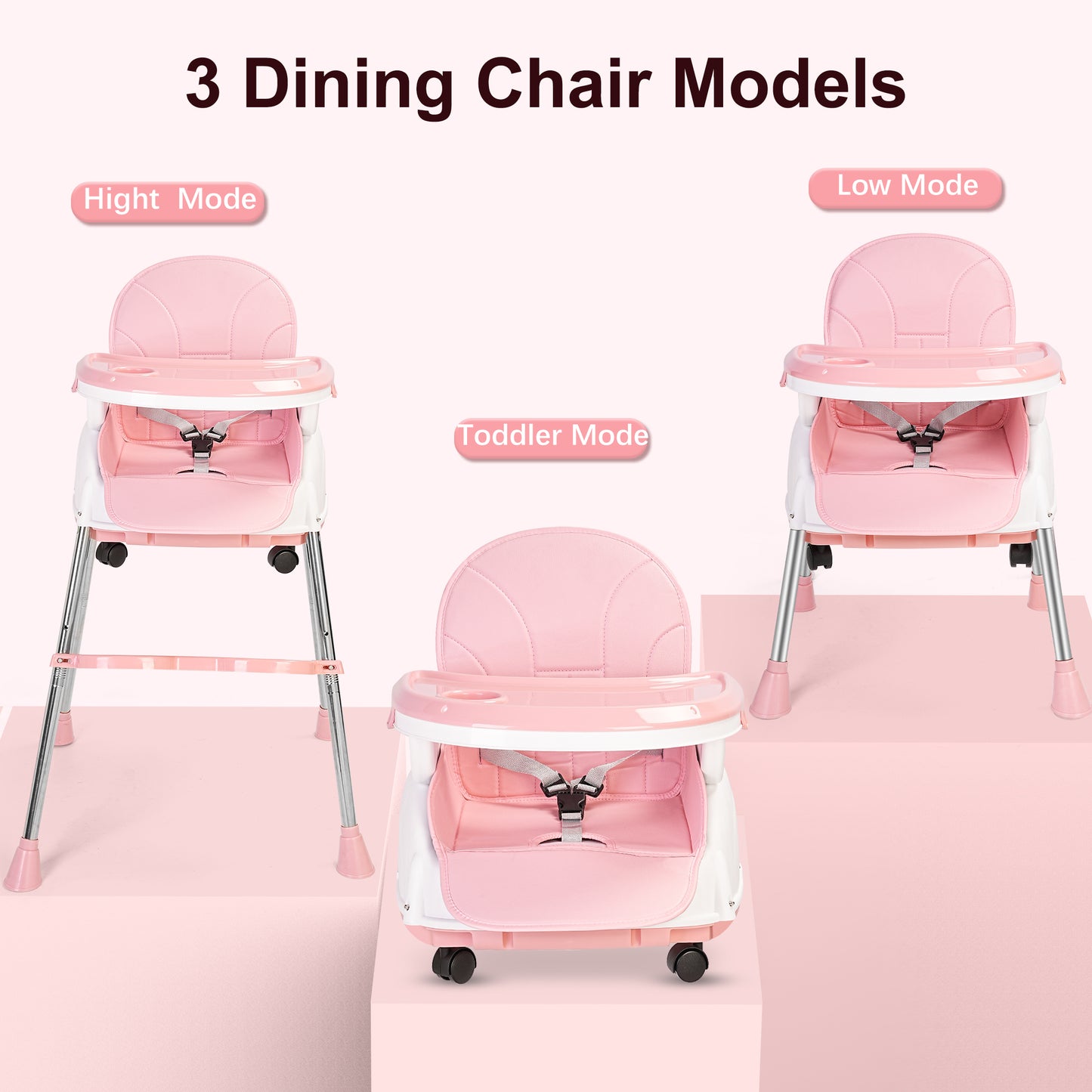 Welbabel Baby High Chair,5-in-1 Convertible Highchair for Babies and Toddlers with 3-Point Seat Belt,Double-layer Dinner Plate,Baby Seat for Walk,Pink