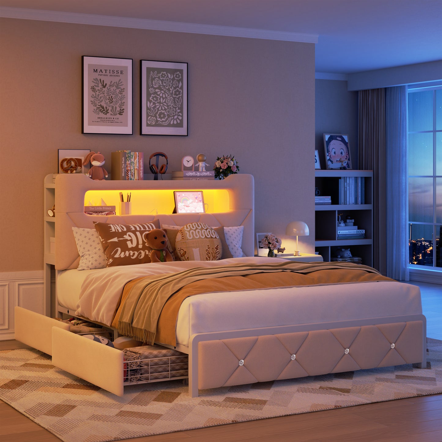 Anyact Full Bed Frame with 2-Tier Storage Headboard, Metal Platform Bed Frame with 2 Storage Drawers, Built in Charging Station & LED, Beige
