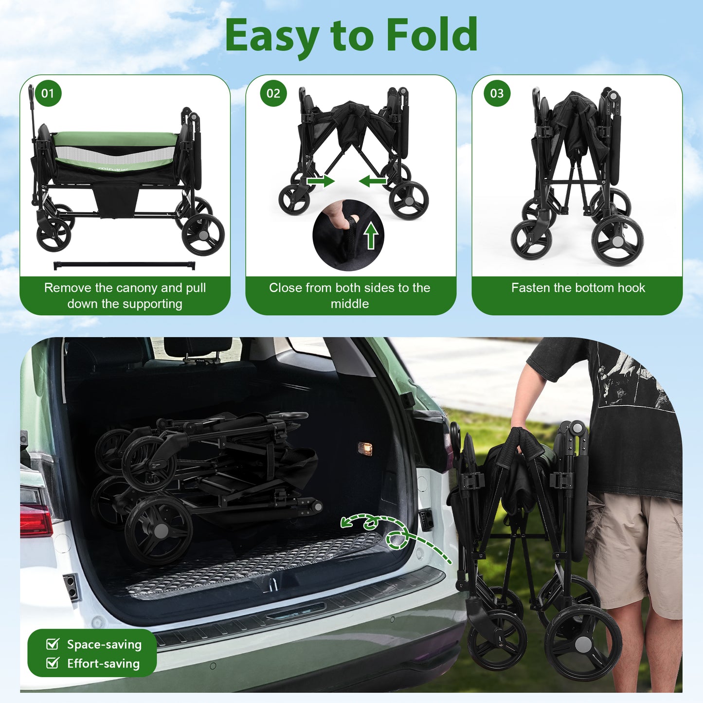 Minikid Baby Stroller Wagon With Canopy,Organizer,Adjustable Handle & Pull Bar for Infants and Toddlers,Green