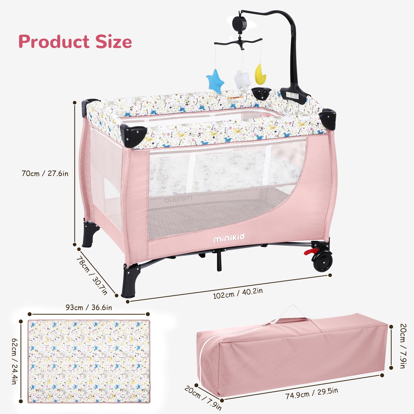 Minikid Baby Playard with Bassinet,Unisex Playpen Include Music Box and Hanging Toys,Portable Crib for Newborn to Toddlers,Pink