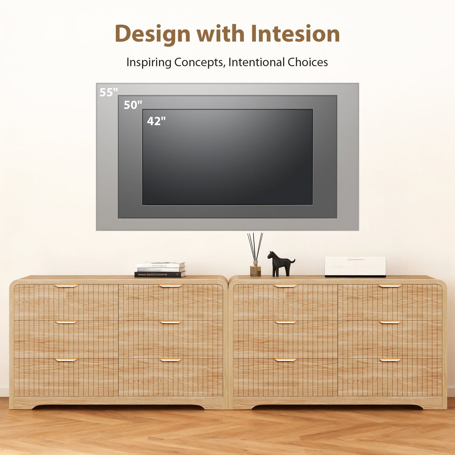 Hijob Modern 6 Drawers Dresser for Bedroom, 47.3" Long Dressers with Metal Handle w/Curved Profile Design, Wood Mid Century Vertical Dresser w/Natural Texture for Bedroom, Living Room, Natural Oak