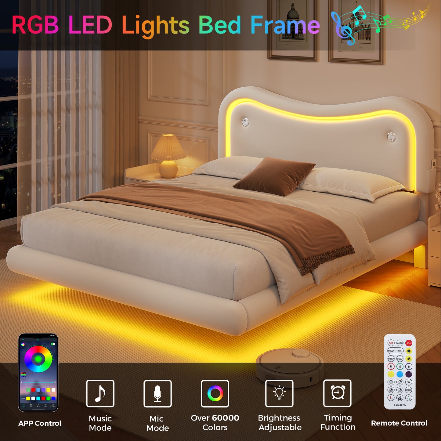 Anyact Full Size Floating Bed Frame with Led & Charging Station, Velvet Upholstered Bed Frame with Floating Metal Platform Bed, White