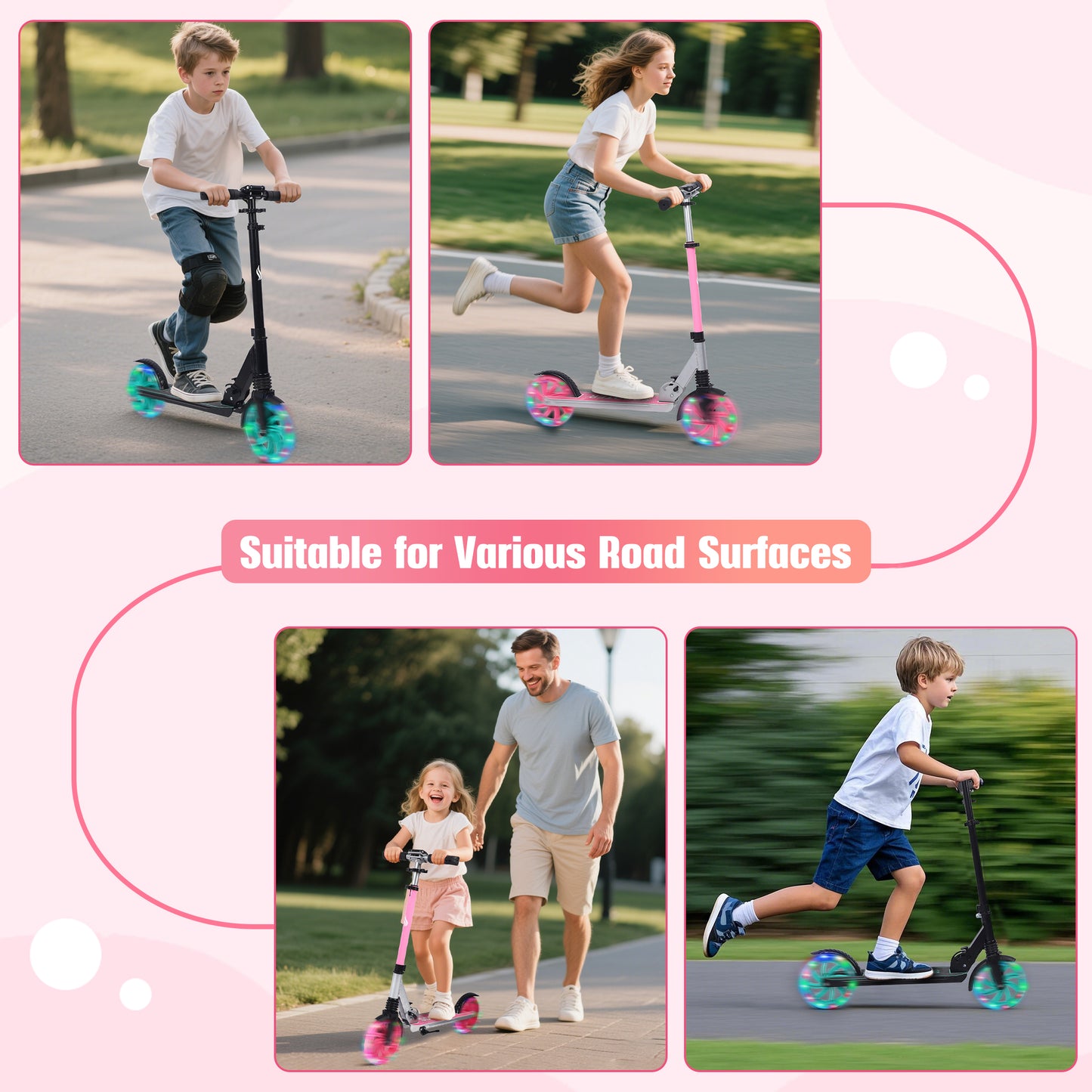 Skyhot Kick Scooter for Ages 6+, Sturdy Wide Deck Rear Brake Scooter for Teens, Pink