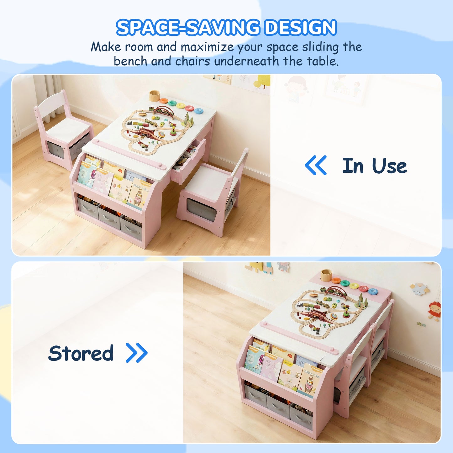Hijob 5-in-1 Kids Art Table & Chair Set – Convertible Easel with Paper Roll Holder, Storage Drawers & Foldable Craft Desk, Toddler Activity Learning Center for Playroom, Pink