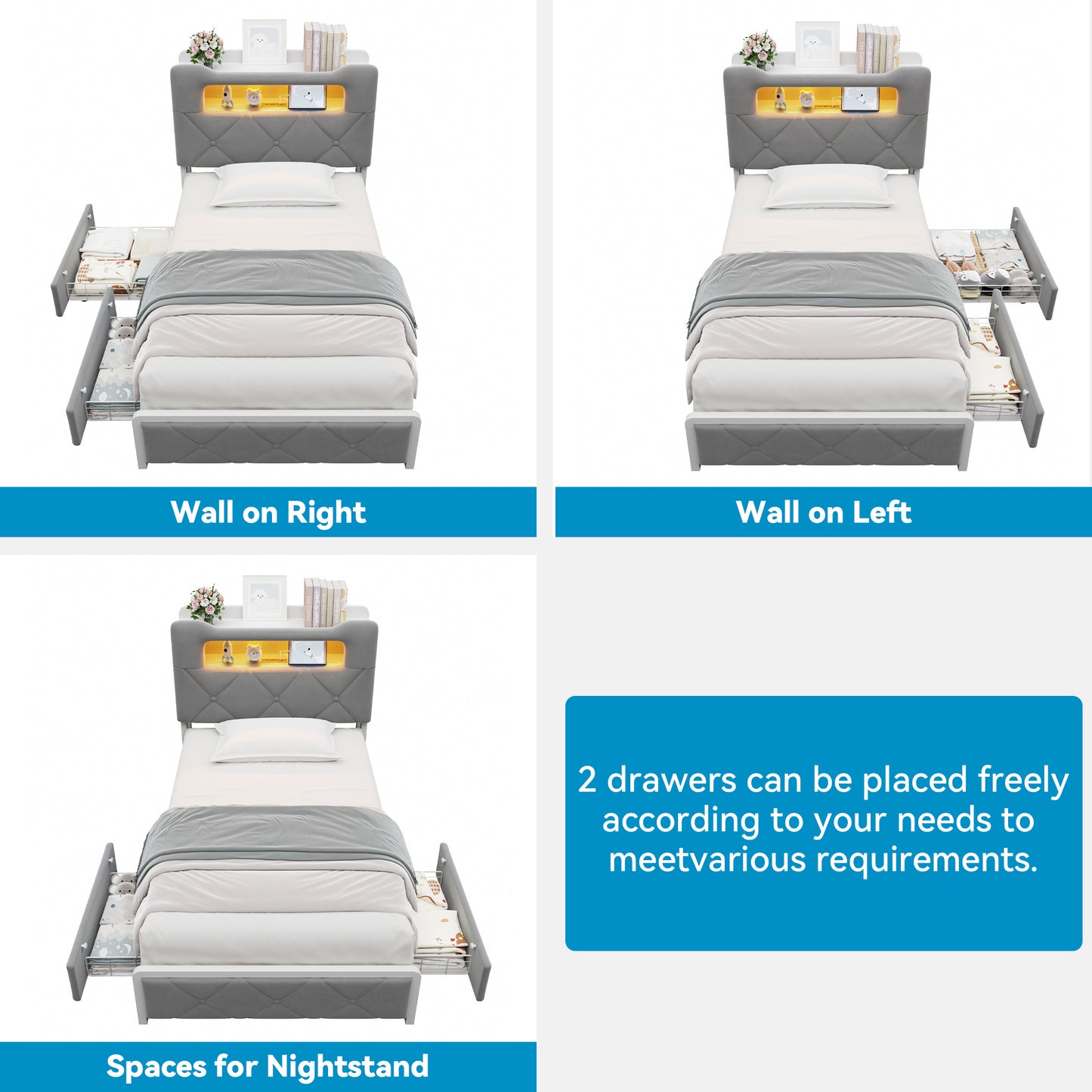 Anyact Twin size Bed frame with 2 storage drawers and Headboard Metal Platform Bed Frame & LED Light Headboard, Built in Charging Station and Easy Assembly/Noise-Free, Gray