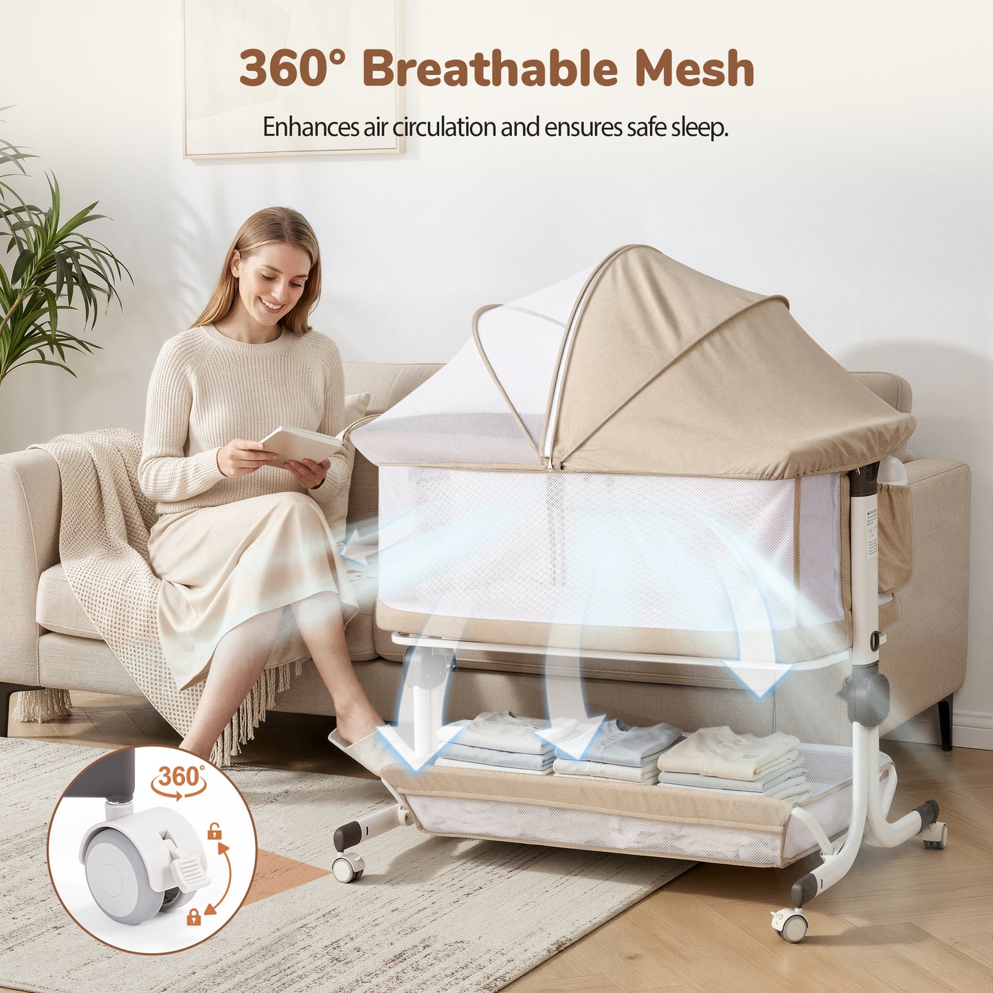 Minikid 3-in-1 Baby Bassinet Bedside Sleeper, 6 Height Adjustments, Full Mesh Breathable, Portable Newborn Baby Crib with Storage Basket,Oatmeal