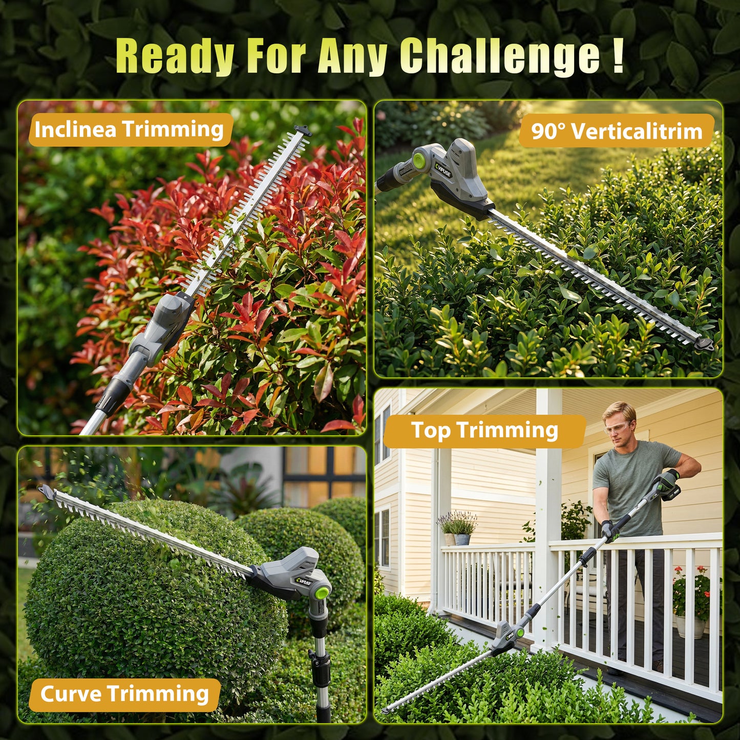 Vipuse Pole Hedge Trimmer Cordless, Electric Bush Trimmer Tool with 21" Dual-Action Blade, Detachable Telescoping Pole, 4.0Ah Battery, Powerful Branches Cutter for Tree & Shrubs Pruning