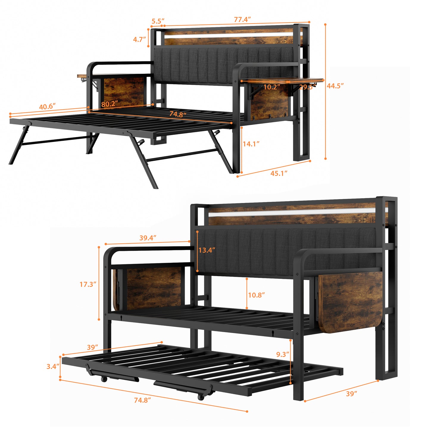Hijob Daybed with Side Table/Charging Station/Upholstered Storage Headboard/LED Light/Pop-upTrundle, Industrial Heavy Duty Metal Twin Sofa Bed Frame for Guest Living Room/Bedroom,Black&Brown