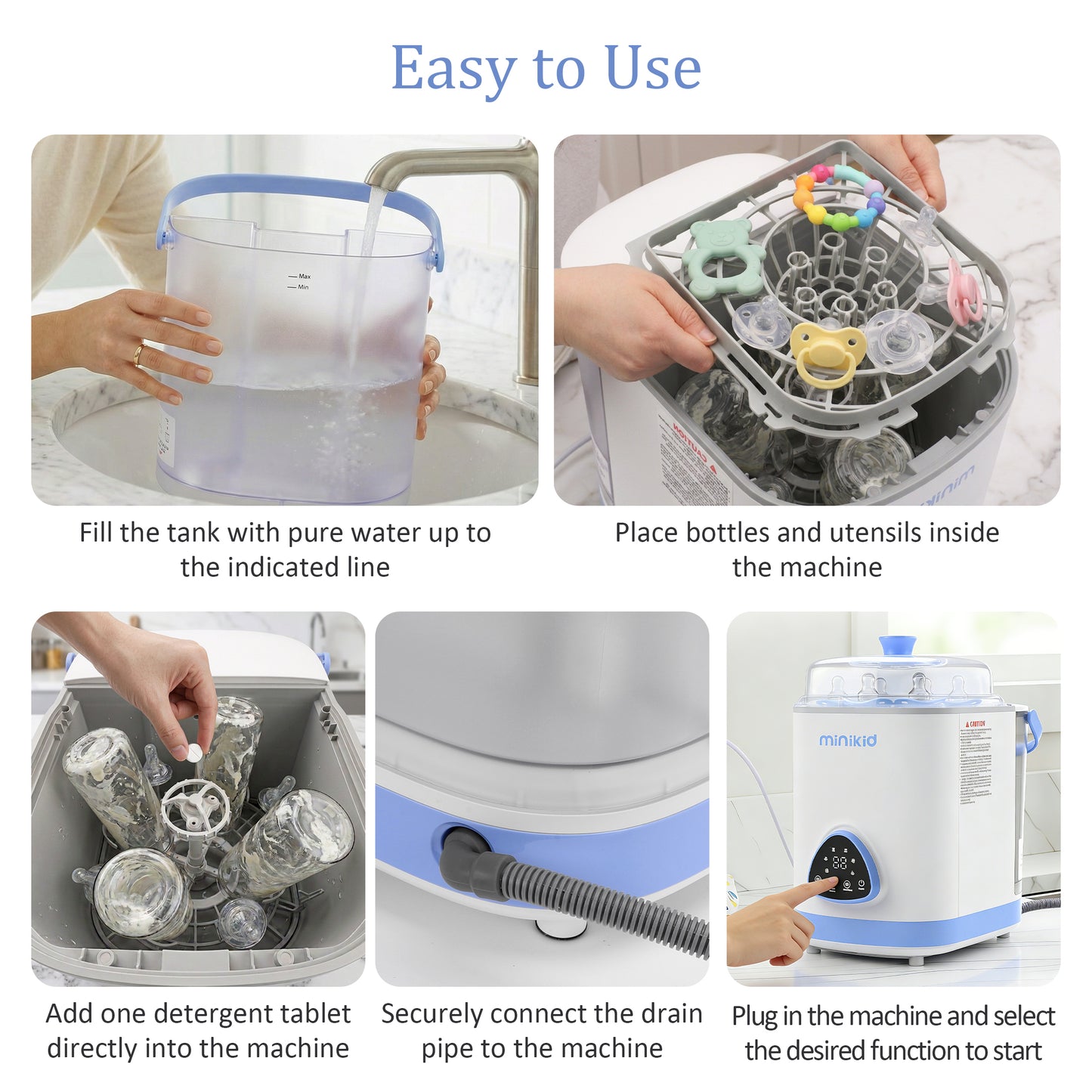 Minikid Baby Bottle Washer, Sterilizer & Dryer, All-in-One Cleaning Machine for Bottles, Pump Parts & Baby Essentials, Includes 30 Detergent Tablets