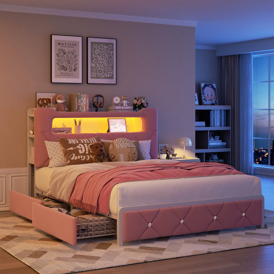 Anyact Full Bed Frame with 2-Tier Storage Headboard, Metal Platform Bed Frame with 2 Storage Drawers, Built in Charging Station & LED, Pink