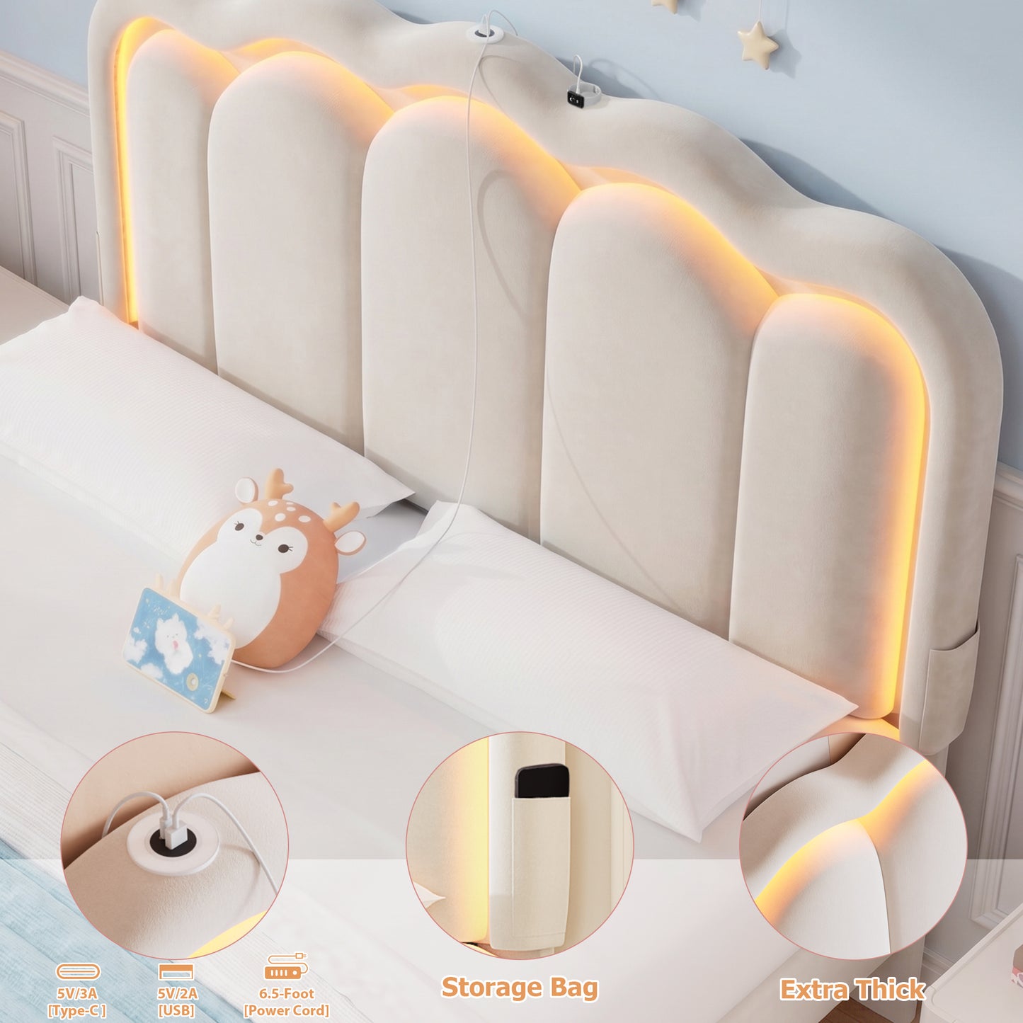 Hijob Twin Size LED Bed Frame for Girls/Kids with Storage Drawers, Velvet Upholstered Platform Bed with Adjustable Headboard, No Box Spring Needed, Beige