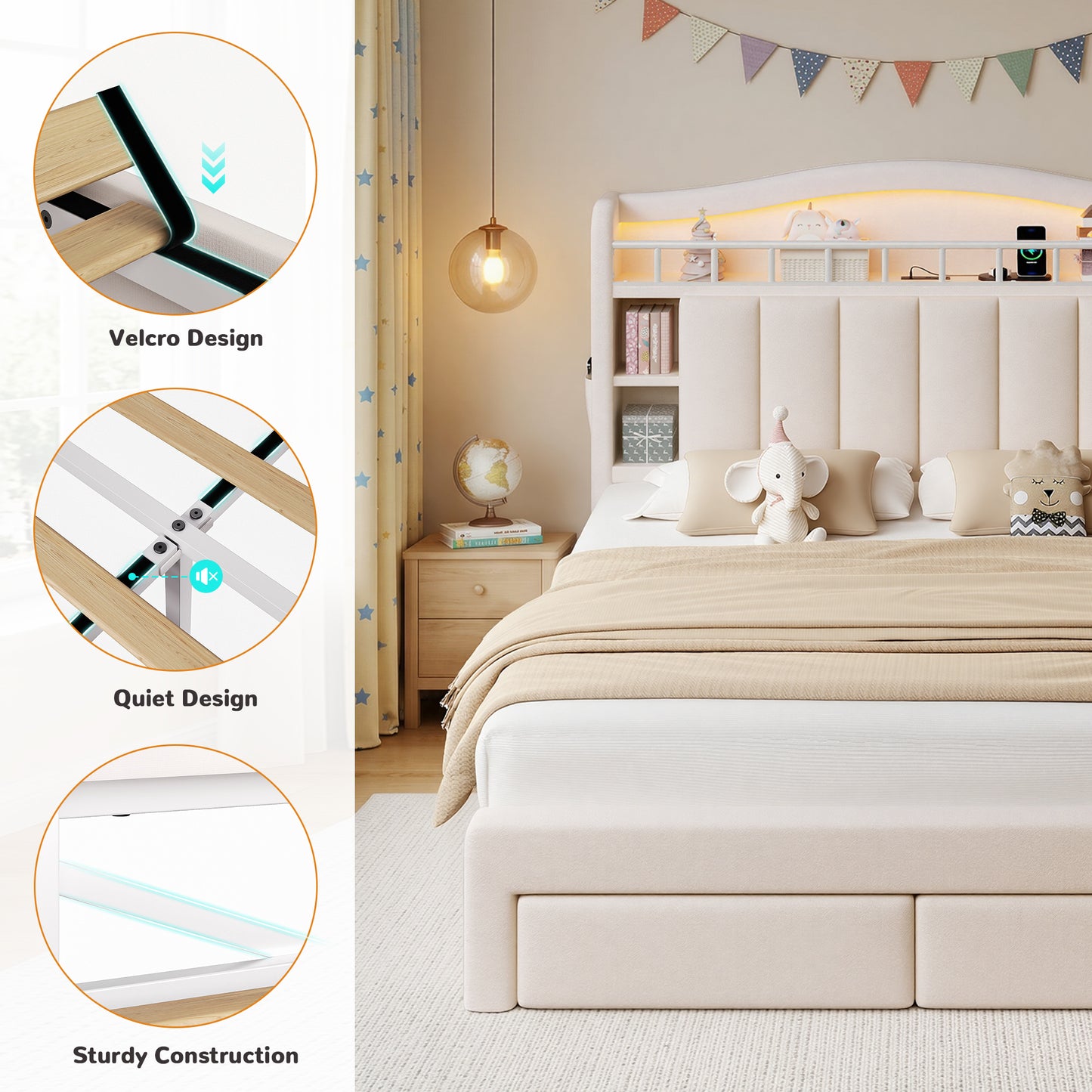 Hijob Beige Velvet Upholstered Platform Full Size LED Bed Frame with Drawer Adjustable Lighted Headboard for Girls Kid's Bedroom