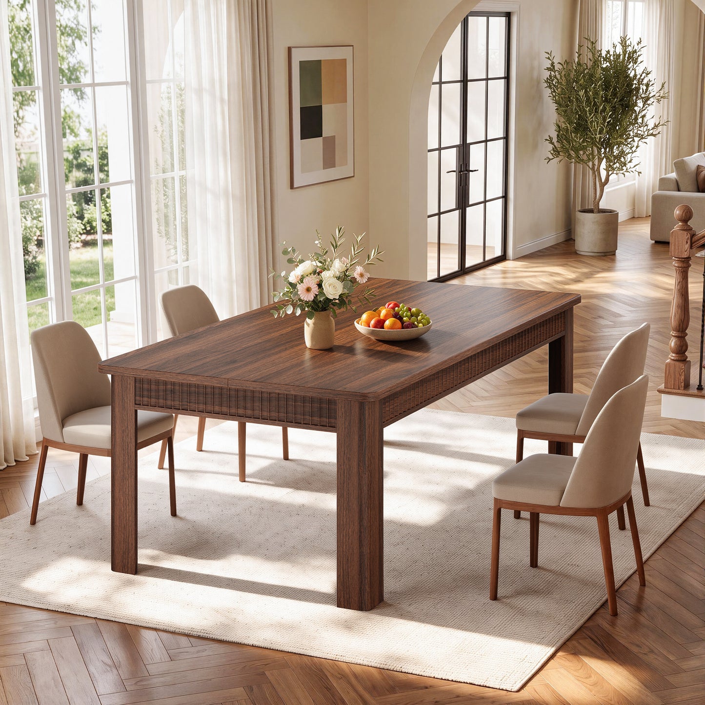 HiJob 70" Dining Table for 6-8 People, Fluted Modern Farmhouse Kitchen Table with 35.5" Extra-Wide Tabletop, Large Rectangular Wood Dining Table, Walnut Finish