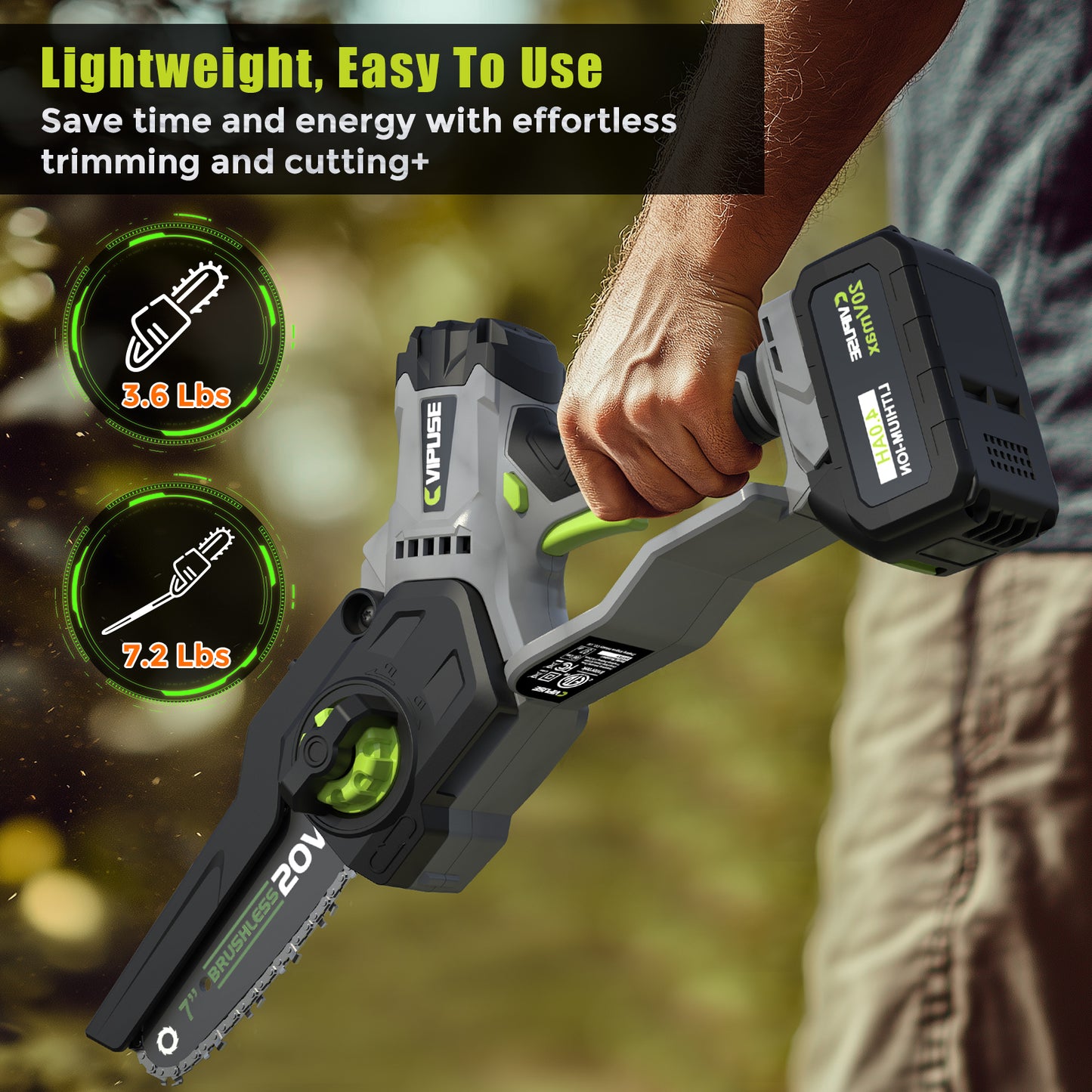 Vipuse 2-in-1 Brushless Cordless 16 FT Max Extension Pole Saws with Two 4.0Ah Rechargeable Batteries and 2.0Ah Fast Charger, 5.5lb Lightweight Auto Oiling 7 Inch Mini Chainsaws for Tree Trimming