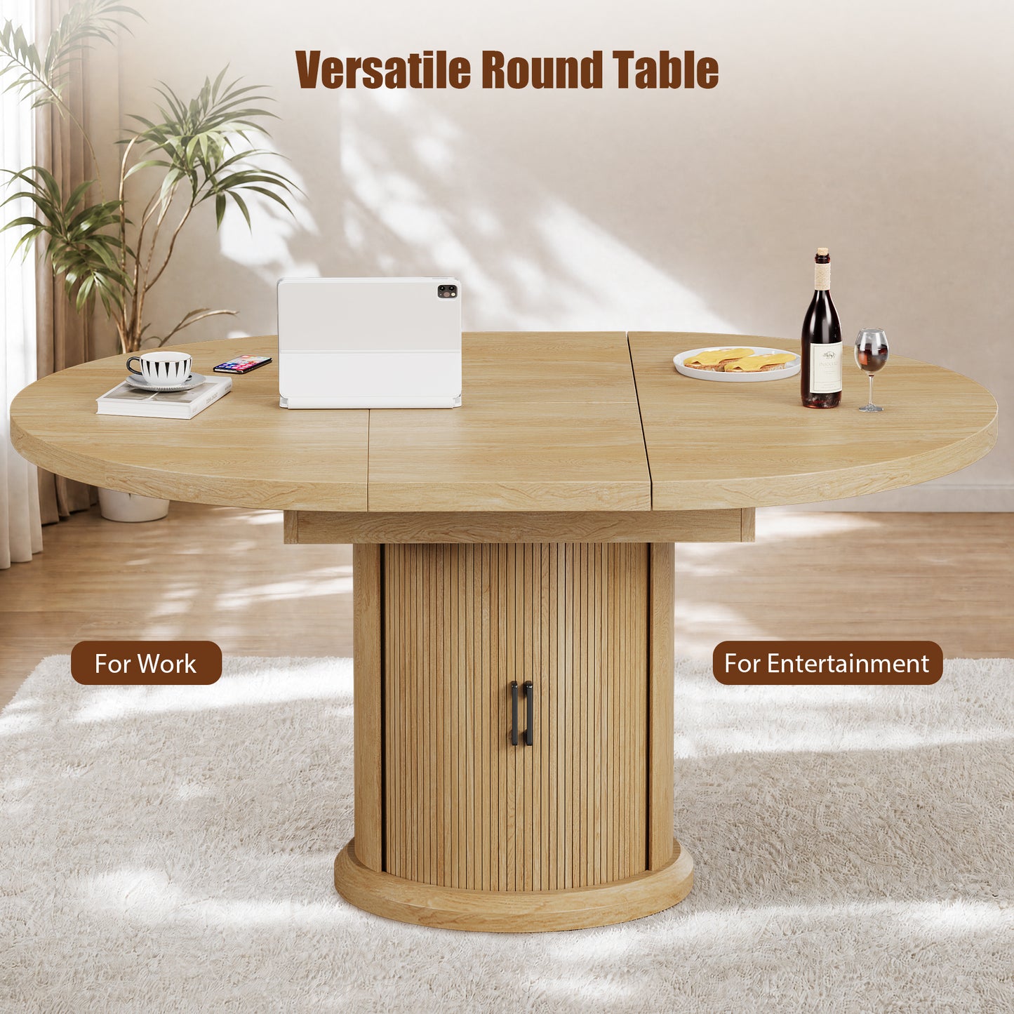 Hijob 47″–63″ Extendable Dining Table with 2 Tier Storage Cabinet - Oval Dining Table Convertible Round Kitchen Table for 4-8 People, Natural