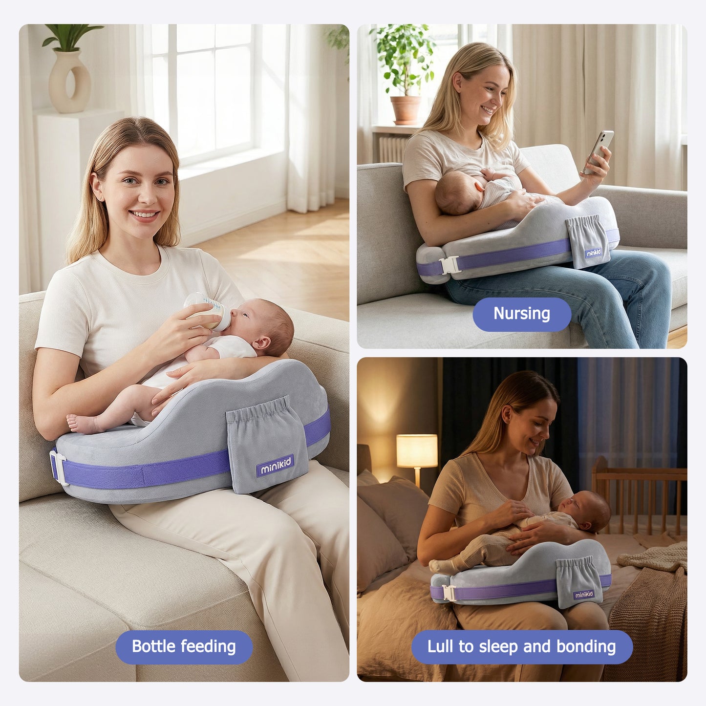 Minikid Nursing Pillow for Breastfeeding,60D Firm Memory Foam, Ergonomic Design with Lumbar & Arm Support, Safety Fence, Adjustable,Safe and Comfortable Feeding