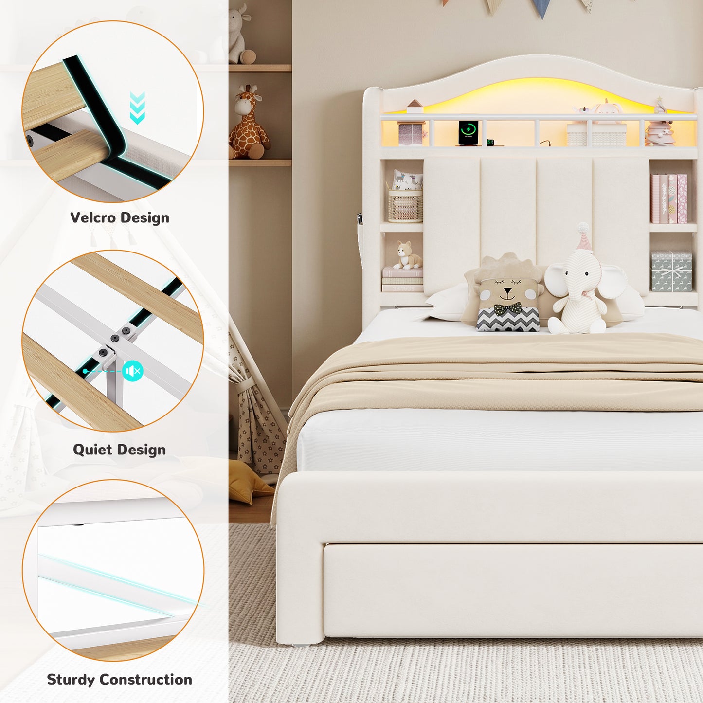 Hijob Beige Velvet Upholstered Platform Twin Size LED Bed Frame with Drawer Adjustable Lighted Headboard for Girls Kid's Bedroom