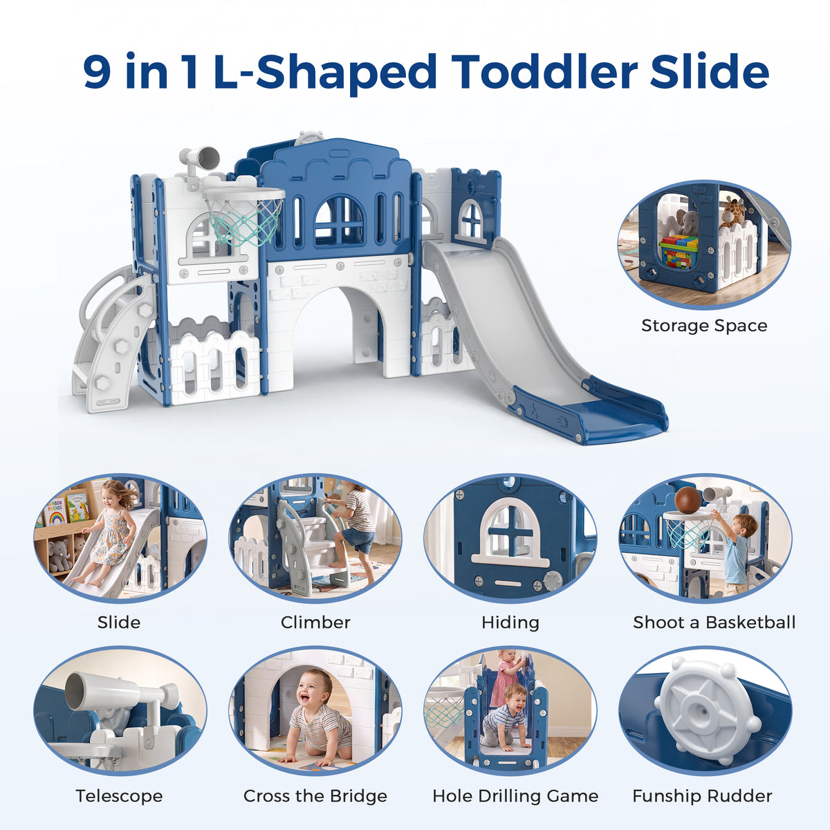 Vipuse 9 in 1 Toddler Slide Playset for Kids Indoor/Outdoor for Toddlers Age 1+, Blue & Gray