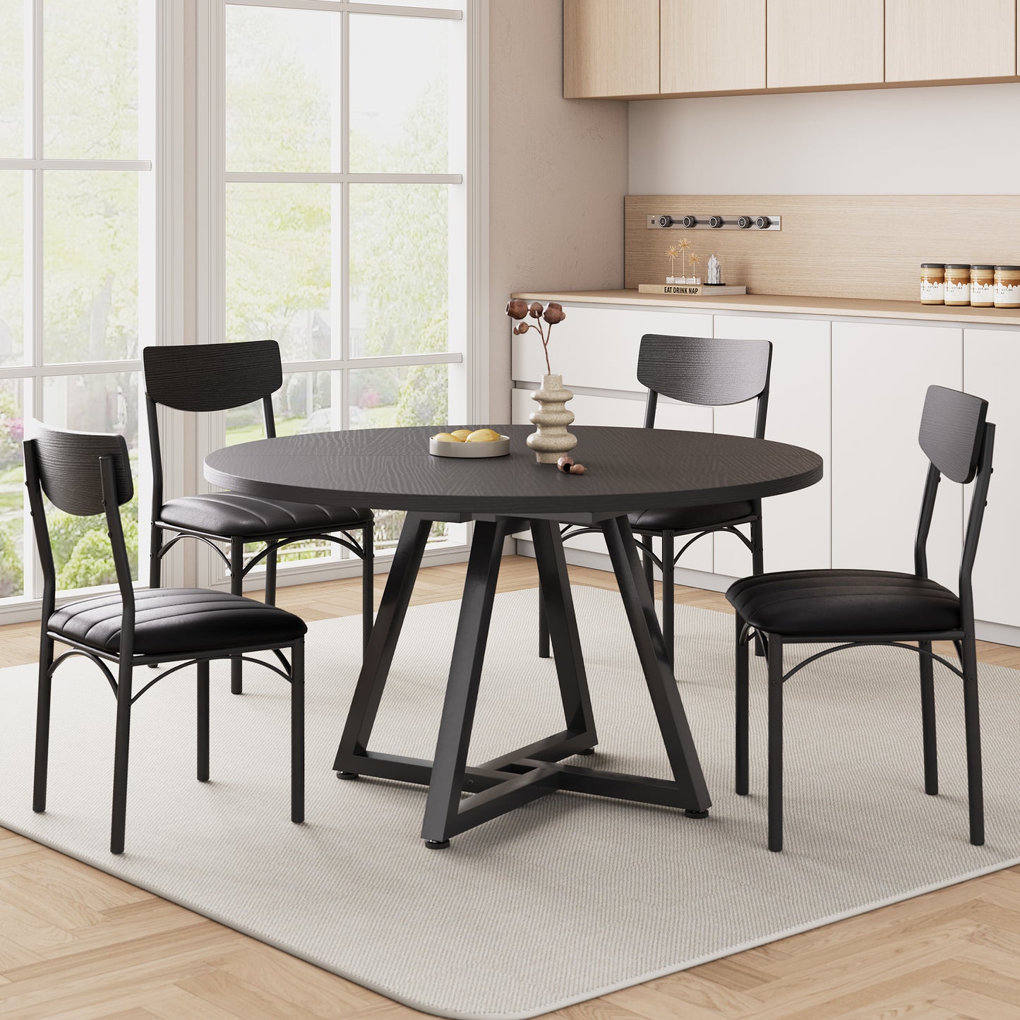 Anyact 18" Dining Chairs Set of 4, Mid-Century Modern Upholstered PU Dining Room Chair, Metal Legs for Kitchen Dining Chairs, Black