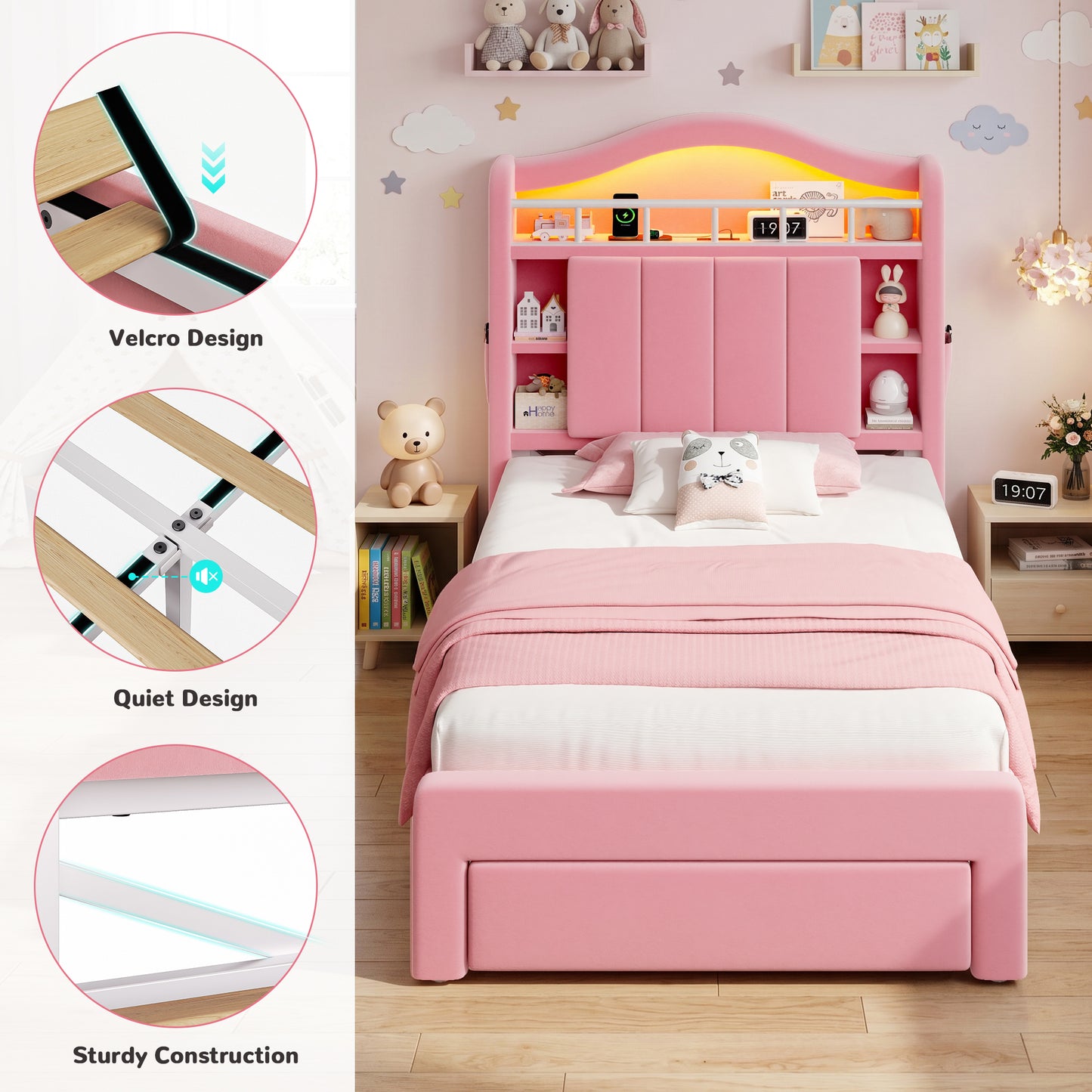 Hijob Pink Velvet Upholstered Platform Twin Size LED Bed Frame with Drawer Adjustable Lighted Headboard for Girls Kid's Bedroom