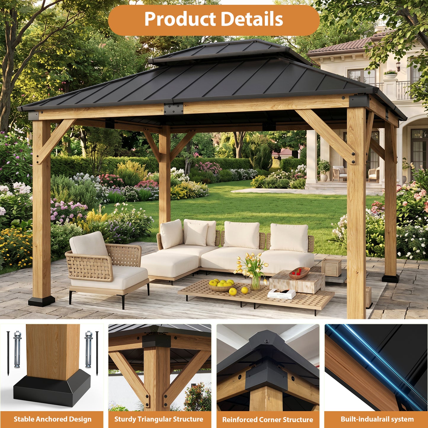 Cocosity 12FT(L) x 10FT(W) x 9.5FT(H) Outdoor Wood Gazebo, Hardtop Gazebo Permanent Wooden Pavilion with Galvanized Steel Double, Roof Snow Support for Patio, Garden, Deck, Cedar Wood