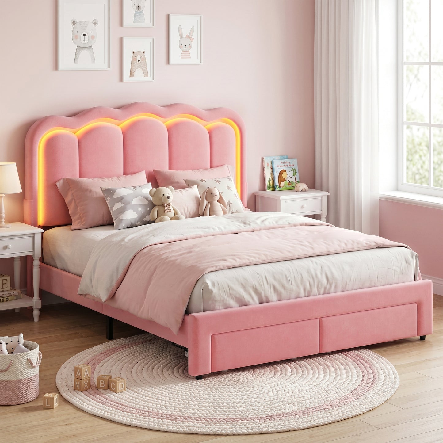 Hijob Full Size LED Bed Frame with Storage Drawers, Velvet Upholstered Platform Bed with Adjustable Headboard, No Box Spring Needed, Pink