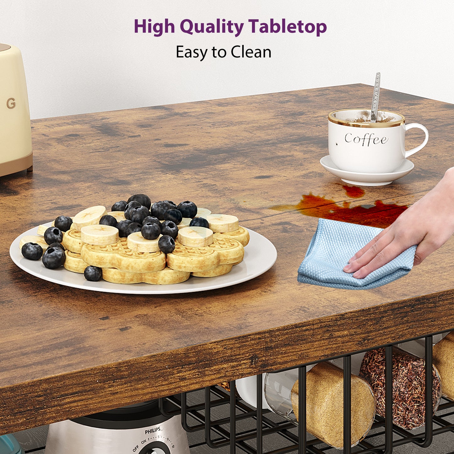 Anyact Kitchen Island with Power Outlet&5 Hooks, Bakers Rack with Storage,Industrial Coffee Bar Table for Kitchen Dining Living Room(Vintage Brown)