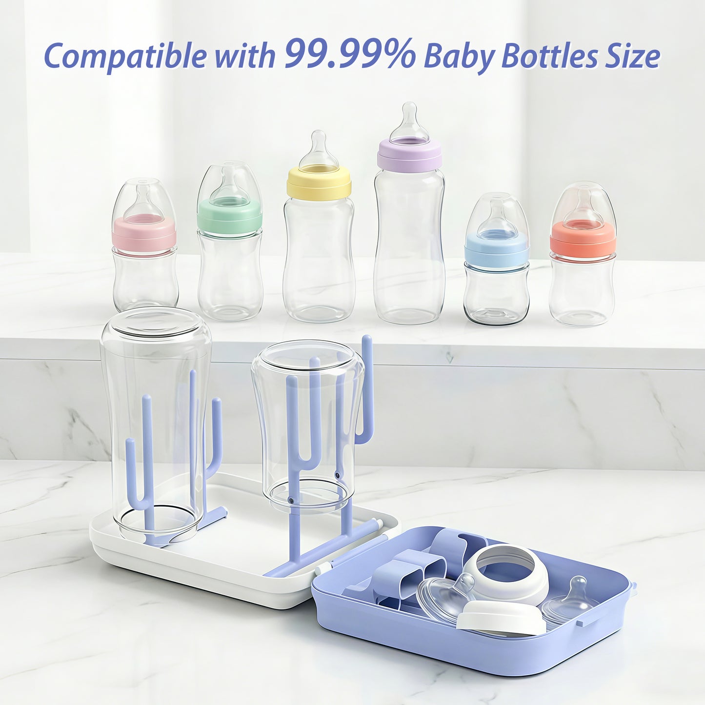 Minikid Baby Bottle Brush Set, 9-in-1 Portable Travel Bottle Cleaning Kit, BPA-free, Compact Travel Baby Essential for Home & On The Go, Blue-Purple