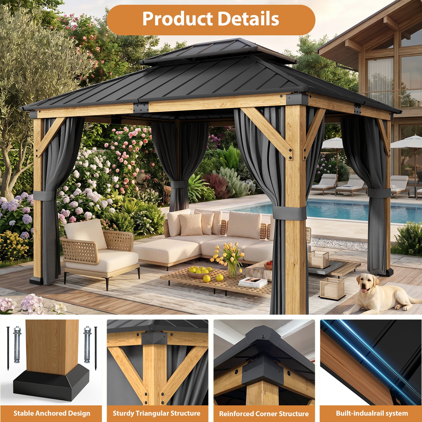 Cocosity  12FT(L) x 10FT(W) x 9.5FT(H) Outdoor Hardtop Wood Gazebo with Netting & Curtains, All-Weather Permanent Wooden Pavilion with Double Metal Roof for Patio, Backyard, Deck, and Lawn