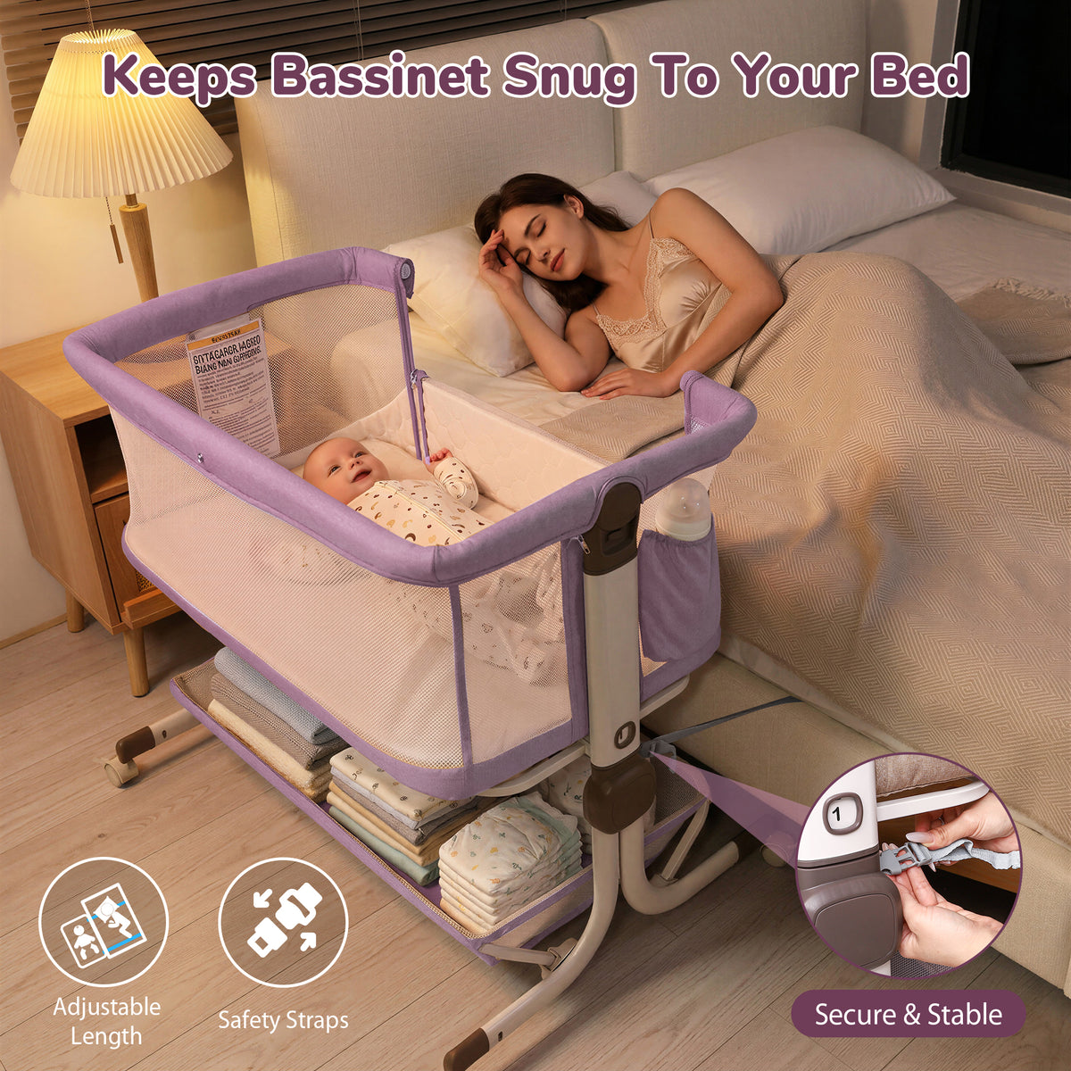 Vipuse 3-in-1 Baby Bassinet Bedside Sleeper, 6 Height Adjustments, Full Mesh Breathable, Portable Newborn Baby Crib with Storage Basket, Pinkish Purple
