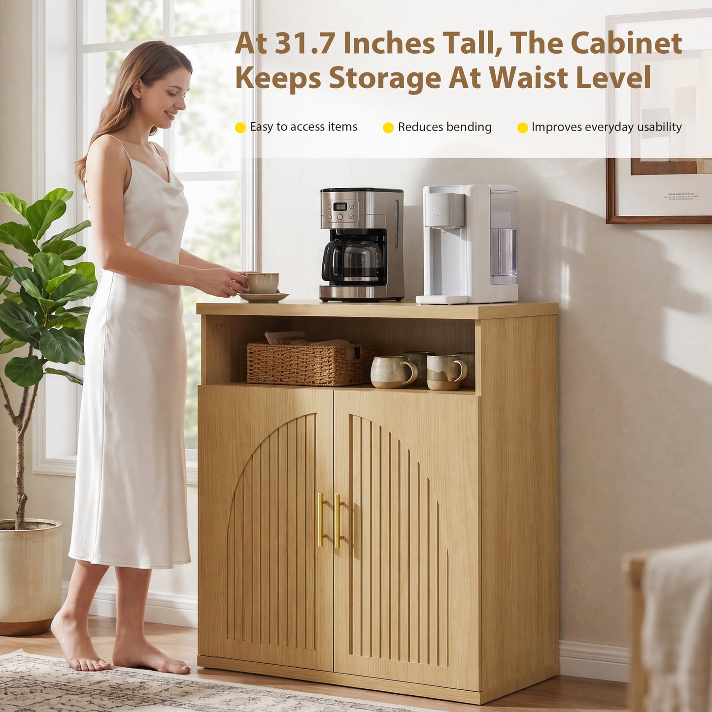 Hijob Modern 2 Door Sideboard, 31" Width Sideboard Cabinet with Metal Handle w/Curved Profile Design, Open Shelf Sideboard Wood Mid Century Vertical Sideboard w/Natural Texture for Living Room