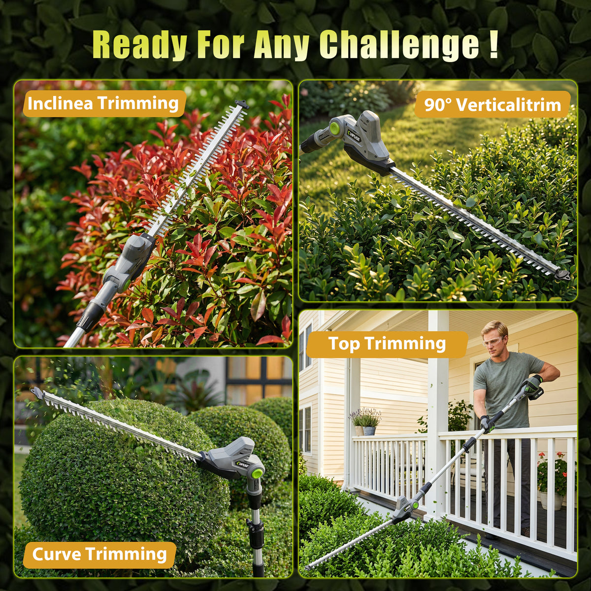 Vipuse Pole Hedge Trimmer Cordless, Electric Bush Trimmer Tool with 21" Dual-Action Blade, Detachable Telescoping Pole, 4.0Ah Battery, Powerful Branches Cutter for Tree & Shrubs Pruning