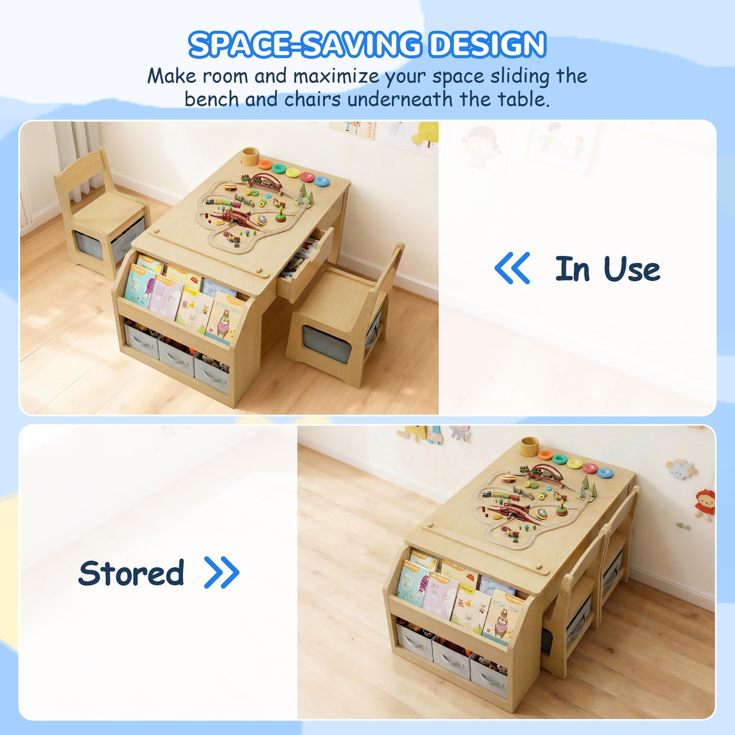 Hijob 5-in-1 Kids Art Table & Chair Set – Convertible Easel with Paper Roll Holder, Storage Drawers & Foldable Craft Desk, Toddler Activity Learning Center for Playroom, Natural Wood