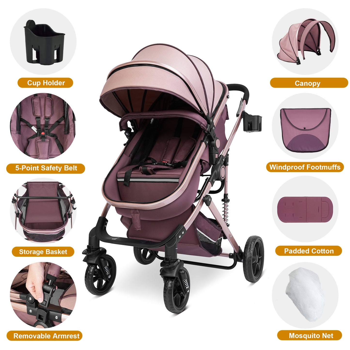 Welbabel Convertible Baby Stroller,Foldable Coches Para Bebes,Travel Stroller with Adjustable Canopy,Removable Footmuff, Adjustable Backrest,Newborn Bassinet Pram for 0-36 Months Baby,Brown