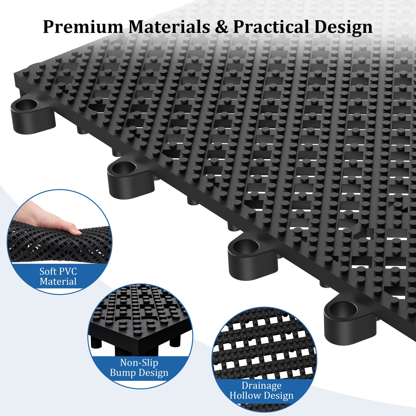 Vipuse 60PCS Interlocking Tile Cushion,12" x 12" Drainage Floor Mats, Soft PVC Non-Slip Tiles with Drainage Holes for Wet Areas like Bathrooms, Kitchens, Pools, and Restrooms, Black