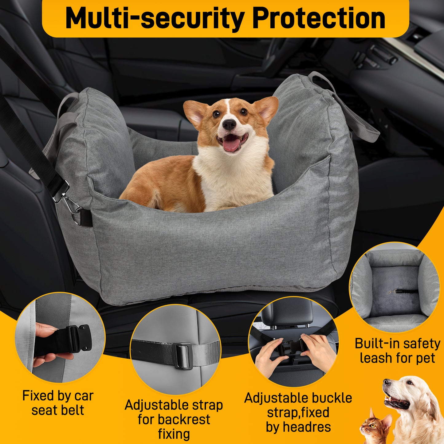 Dog Car Seat, XiWiYuVa Pet Booster Seat, Cat Travel Carrier with Storage Pockets and Belts, Grey