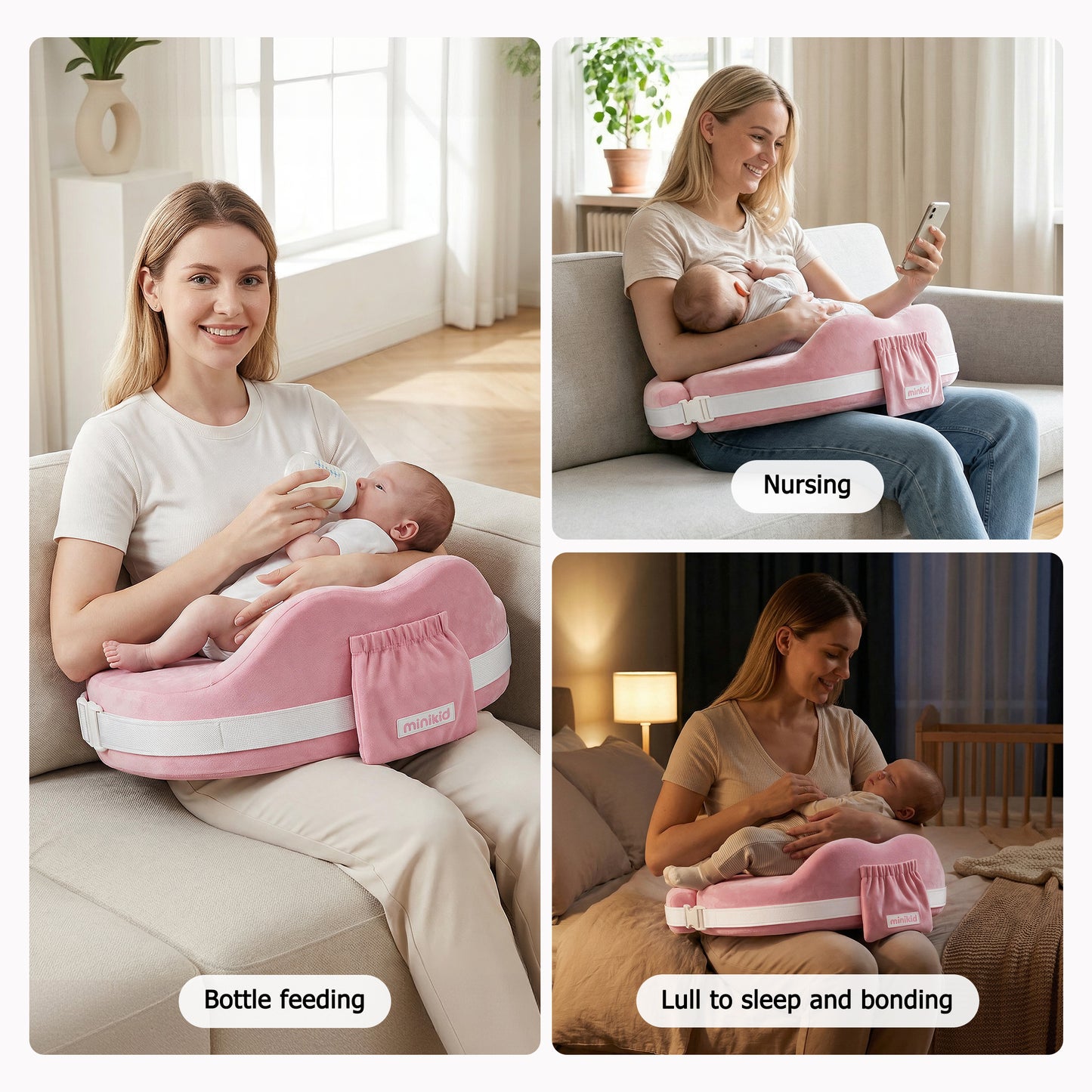 Vipuse Nursing Pillow for Breastfeeding,60D Firm Memory Foam, Ergonomic Design with Lumbar & Arm Support, Safety Fence, Adjustable,Safe and Comfortable Feeding,Pink