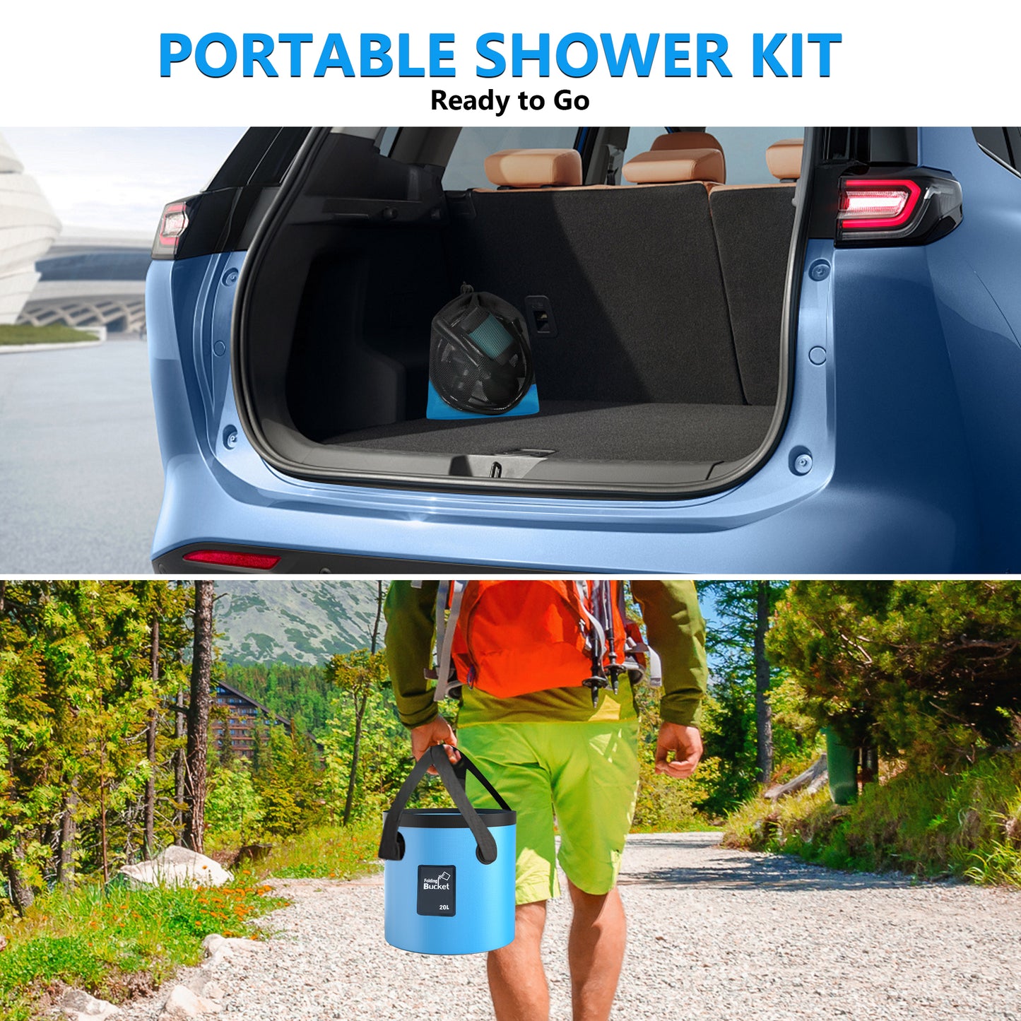 Vipuse 7800mAh Battery Powered Portable Bath Shower Kit with Foldable 5 Gallon Bucket for Hiking/Travel/Car/Pet Washing