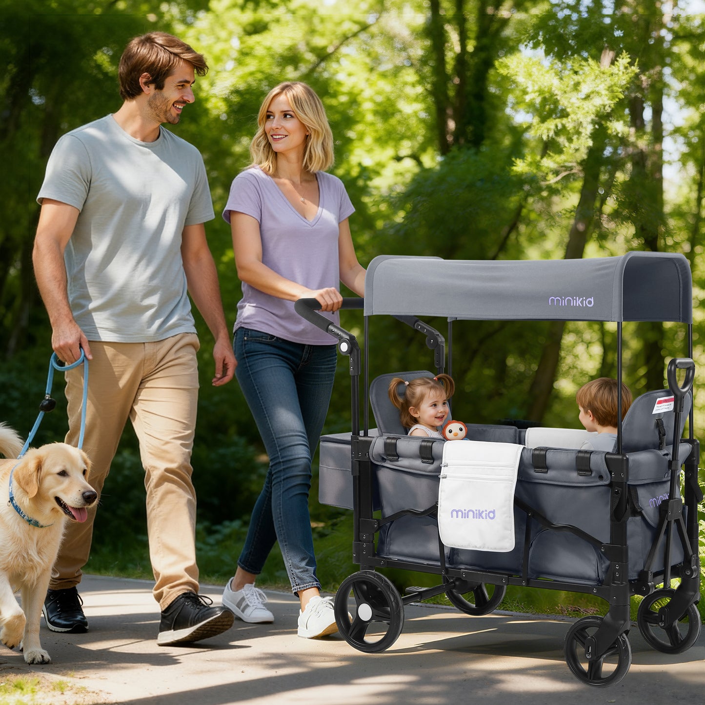 Minikid Stroller Wagon for 2 Kids, Baby Wagon Stroller with Adjustable Handle for Infants and Toddlers Includes Canopy & Organizer, Foldable and Convenient for Storage