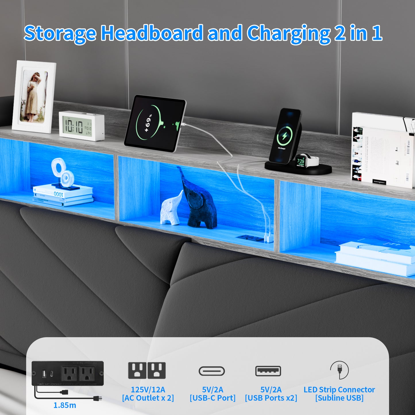 Hijob Full Size Floating Bed Frame with LED Upholstered Platform, Velvet Bed Frame & Ergonomic Storage Headboard, Charging Station, Gray