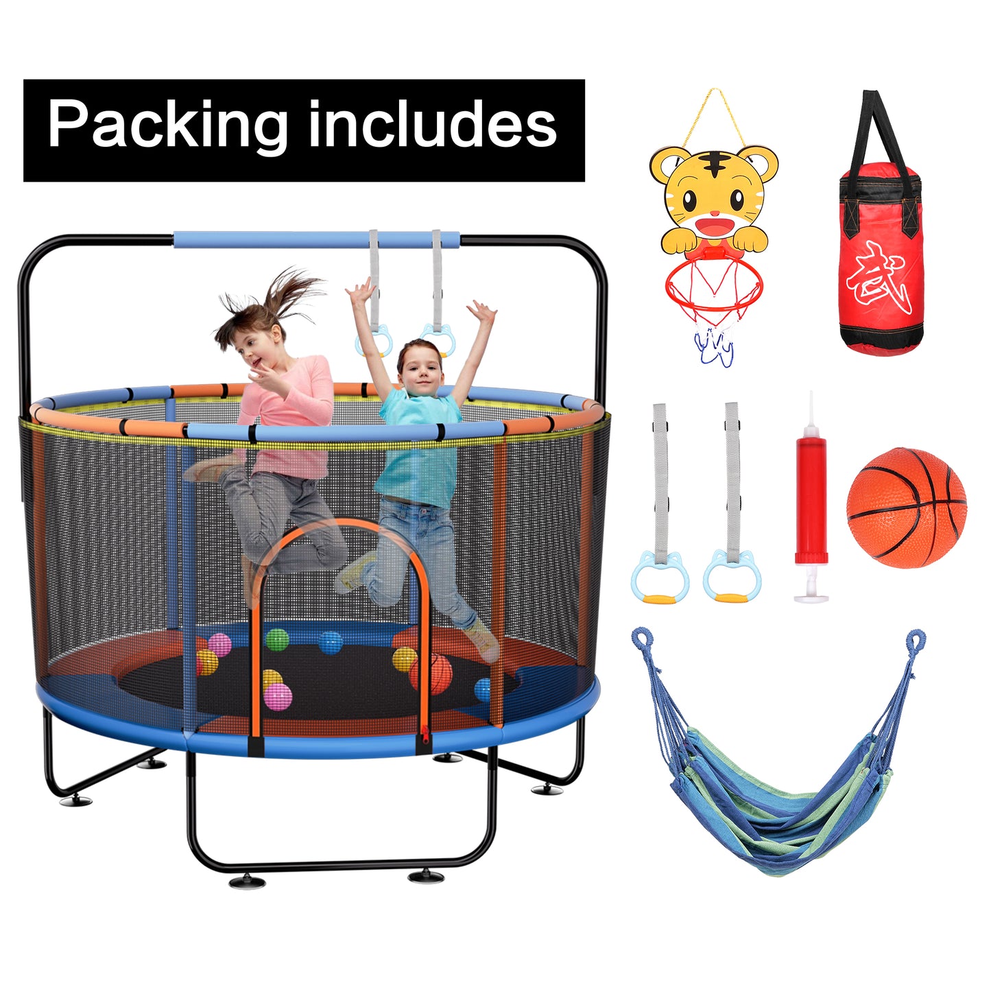 ZoWaYeBi 55 inch Mini Indoor&Outdoor Round Trampoline for Kids with Basketball Hoop/Protetive Net/Swing/Boxing Sandbag/Hanging Ring/Ocean Balls, Christmas Toy Gift for Boy/Girls/Toddler(Pink&Blue)