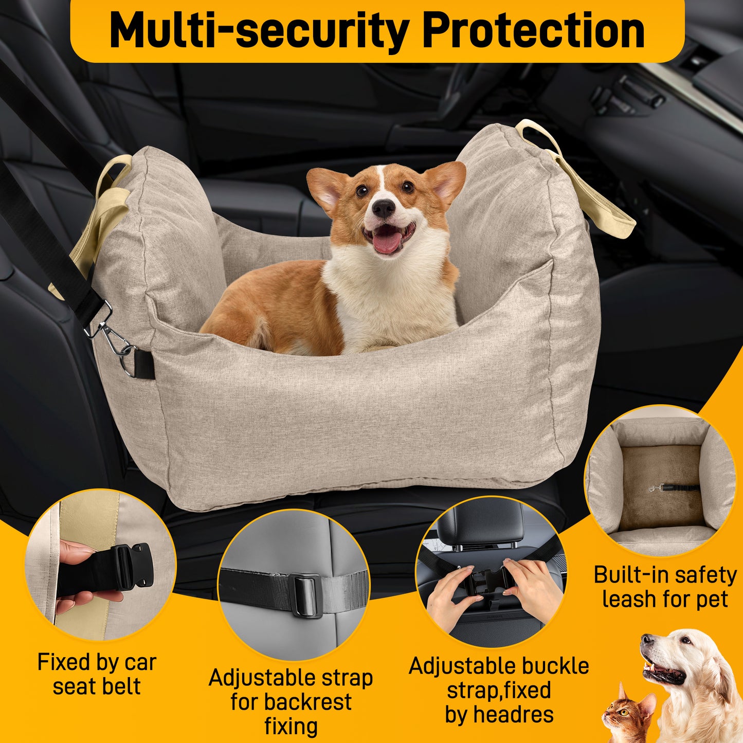 XiWiYuVa Car Seat for Small Dogs Up to 25lbs, Pet Booster Seats with Safety Leash and Straps, Travel Carrier Bed(Brown)