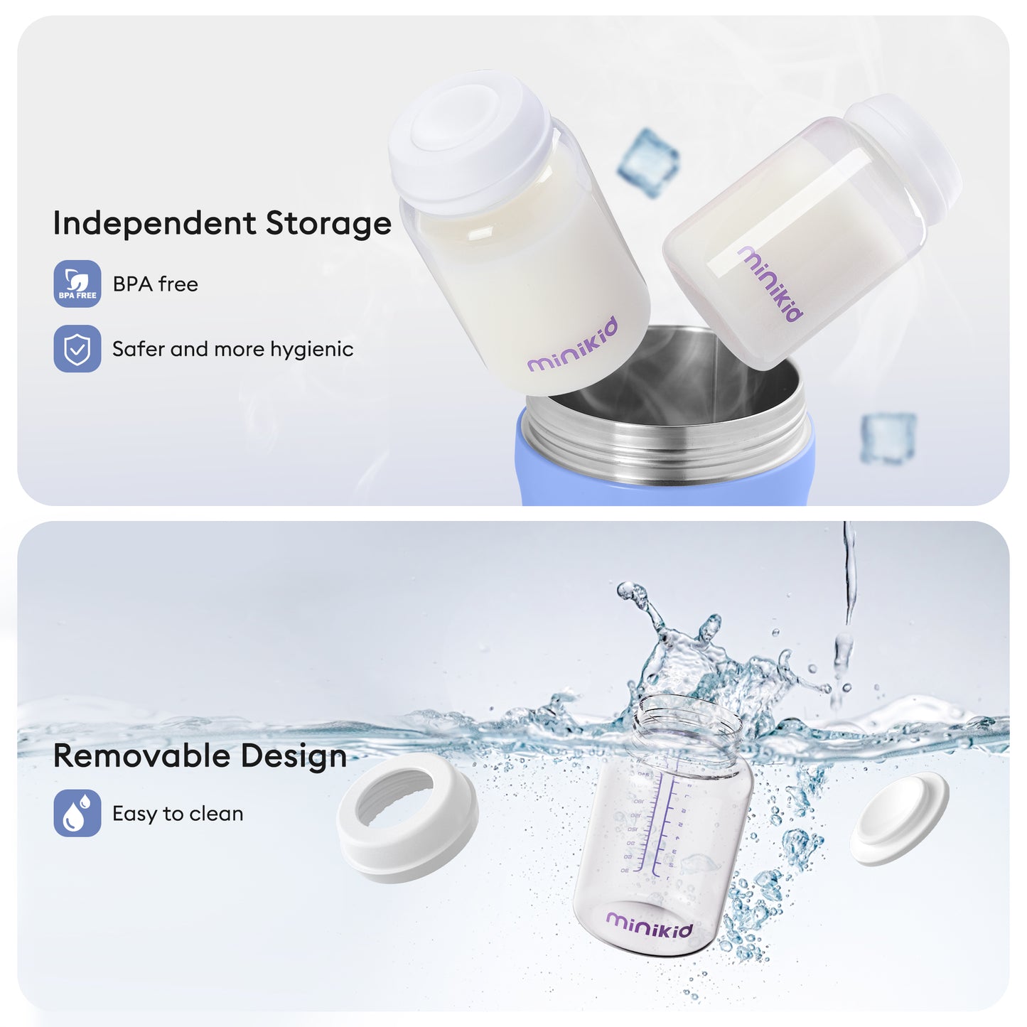 Minikid Portable Breast Milk Cooler,24H+ Extended Outdoor Cooling,20 OZ Travel Breastmilk Chiller with 2Pcs Baby Bottles for Breastmilk Storage,Blue-Purple