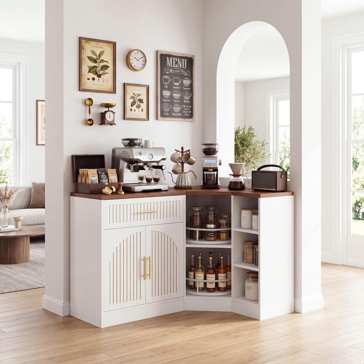 HiJob 47.3" Wide Corner Coffee Bar Cabinet with Charging Station and 2-Tier Lazy Susan, L-Shaped Kitchen Fluted Buffet Sideboard with Drawer and Microwave Shelf, White