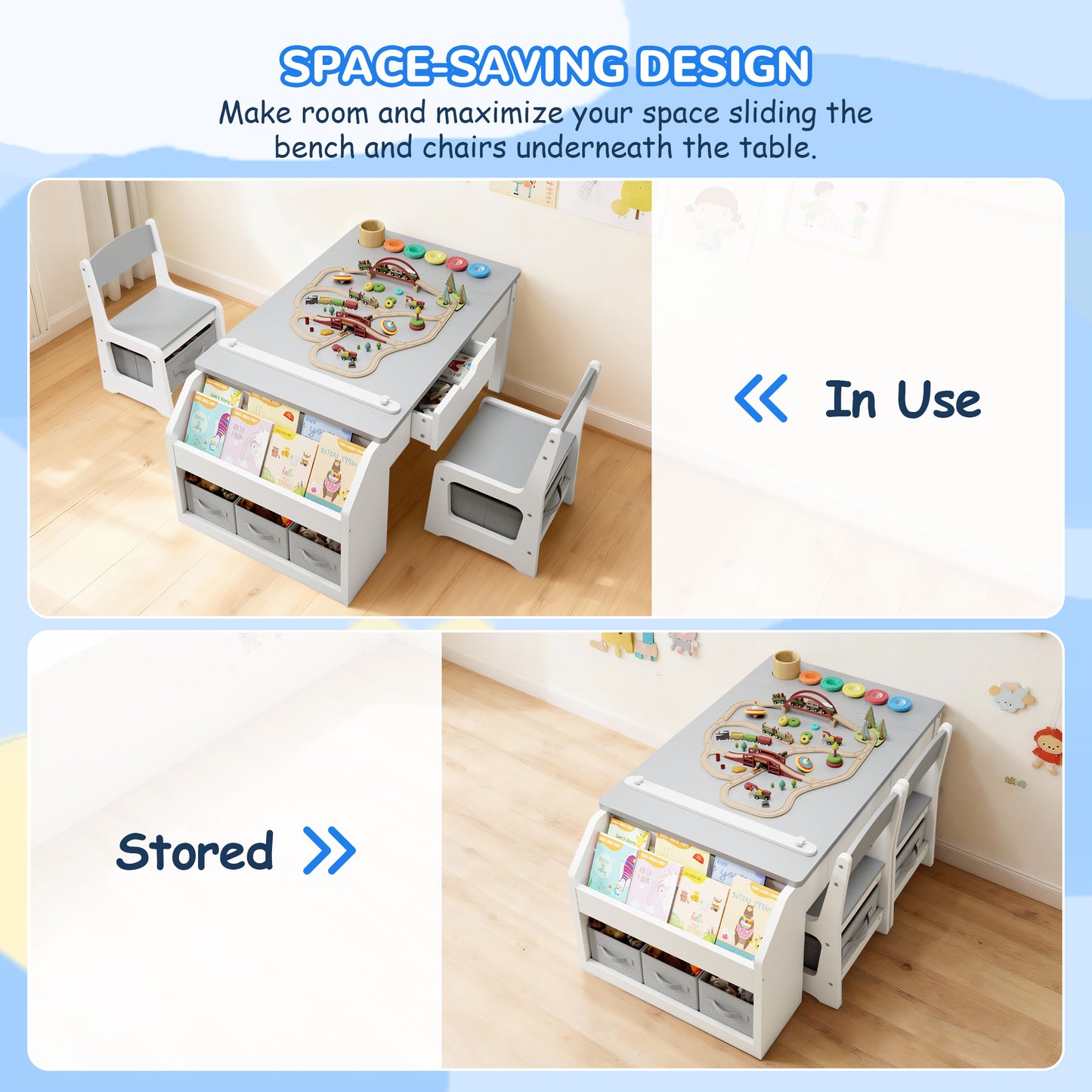Hijob 5-in-1 Kids Art Table & Chair Set – Convertible Easel with Paper Roll Holder, Storage Drawers & Foldable Craft Desk, Toddler Activity Learning Center for Playroom, Gray