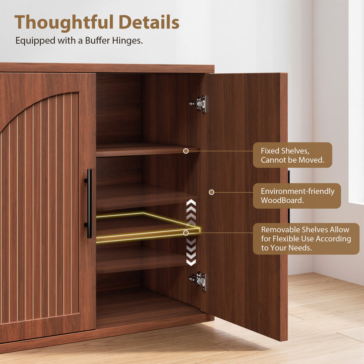 Hijob 63" Width Sideboard with Arched Grooved 4 Doors, Buffet Cabinet Adjustable Shelves for Entryway, Living Room and Dining Room, Walnut