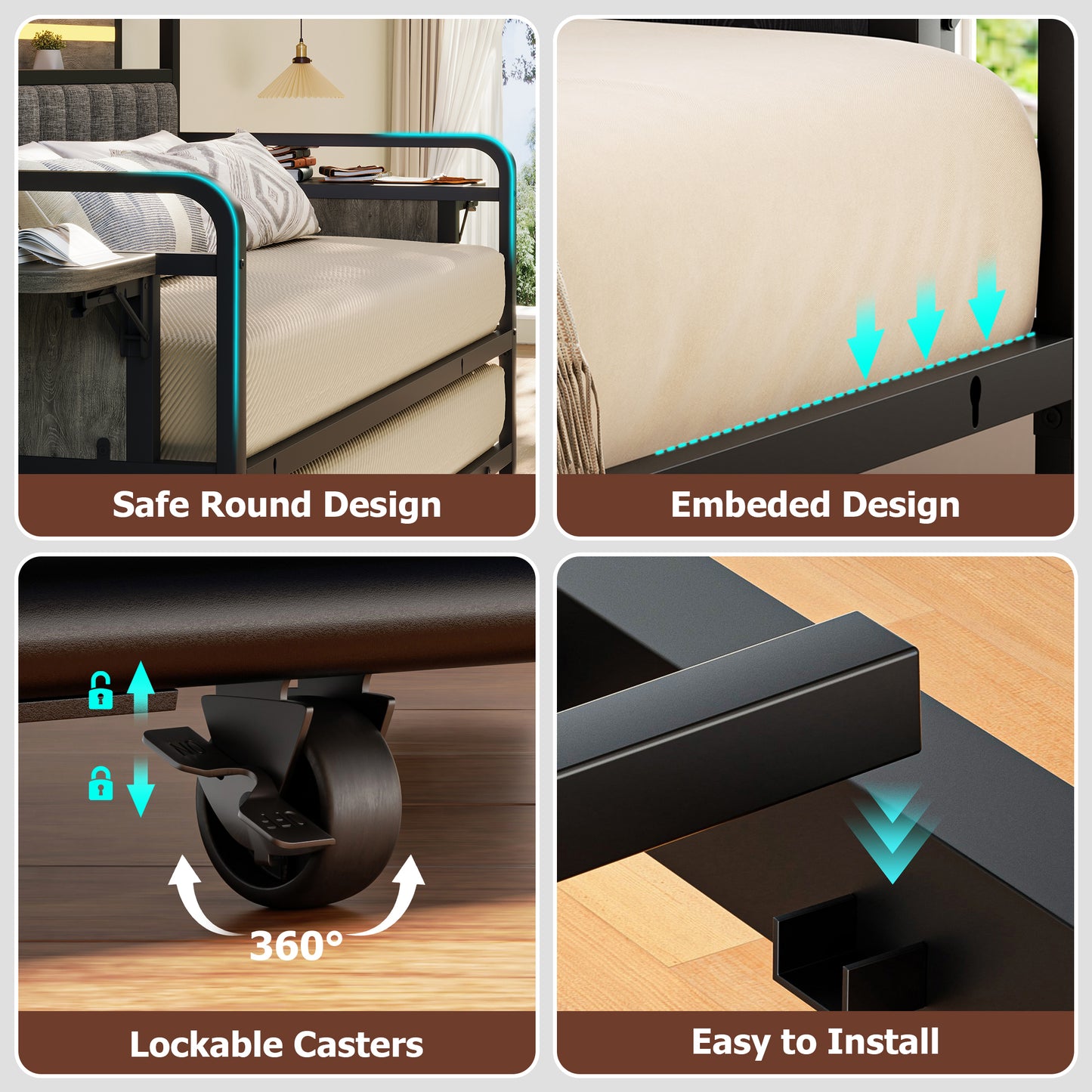 Anyact Twin Daybed with Side Table, Heavy Duty Metal Bed Frame with Pop Up Trundle, LED Lights Charging Station Upholstered Storage Headboard, Twin Sofa Bed for Living Room Bedroom Guest Room, Gray