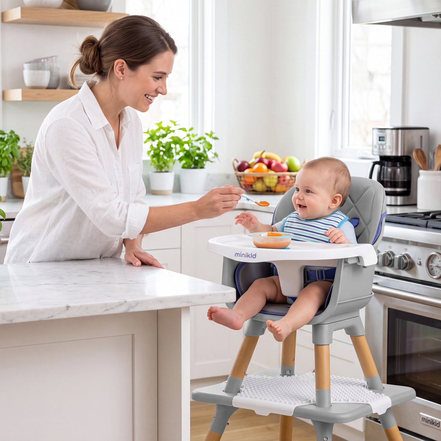 Minikid Wooden Baby High Chair with Removable Tray, 8 in 1 Convertible Feeding Highchair for Toddlers,Gray