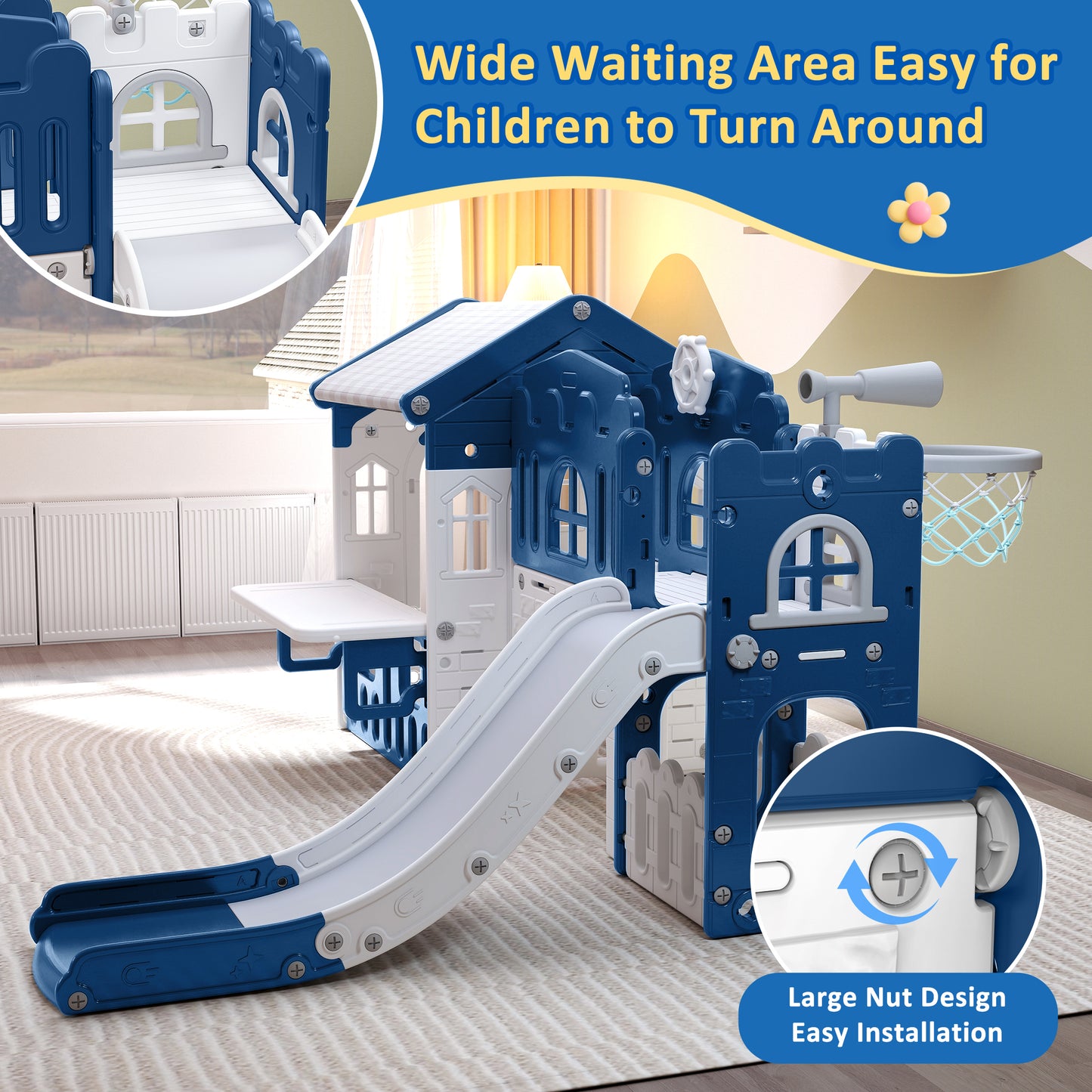 WFUN 9 in 1 Indoor Infant Toddler Playground Slides Playset for Backyard Home, Blue & Gray